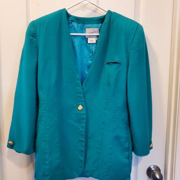 VTG Jacqueline Ferrar Teal Suit Set | Shrunk | Gold Button Blazer & Pencil skirt - Picture 2 of 16